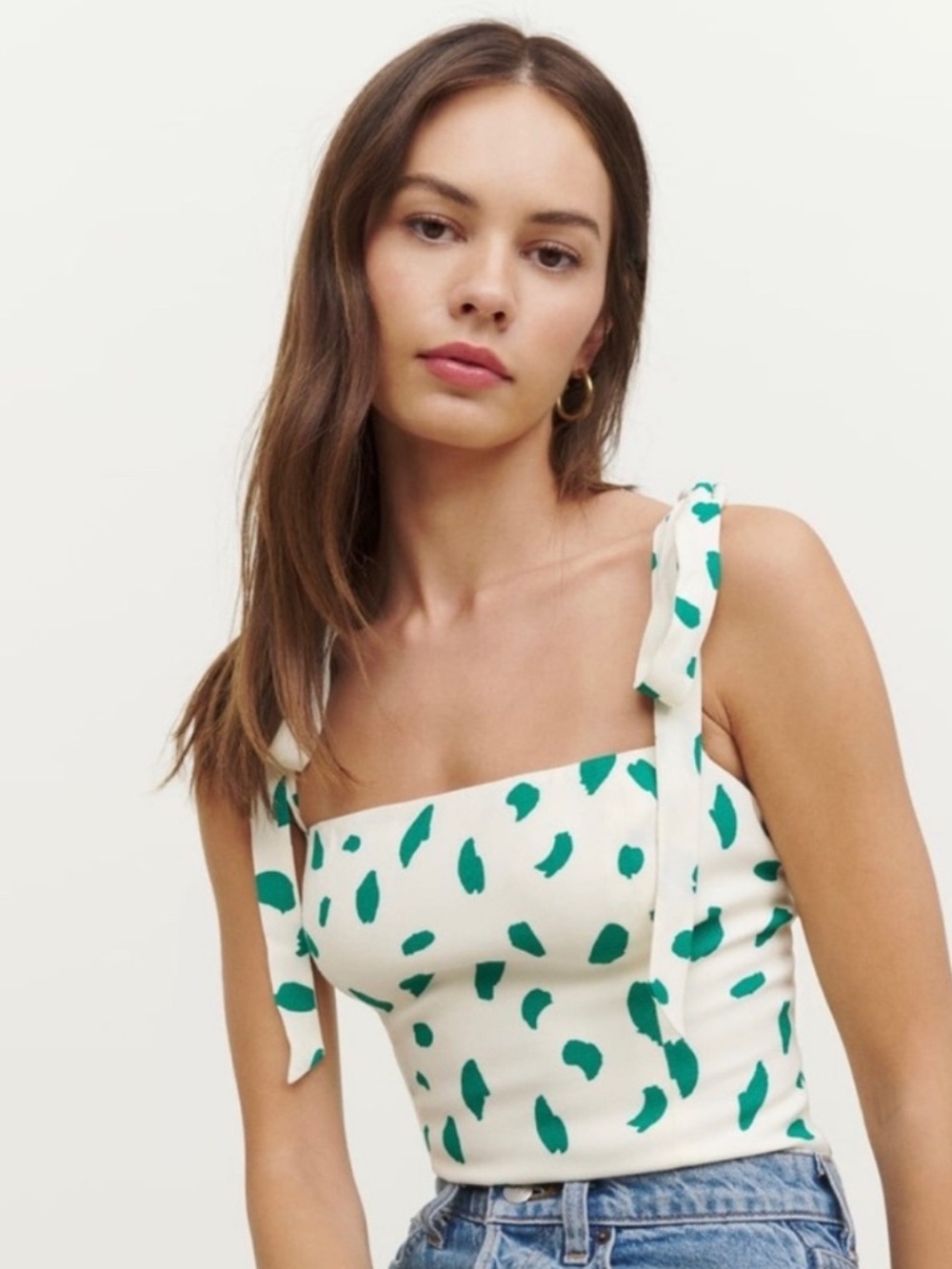 Reformation Cream Camisole with Green Spot Print and Tie Straps